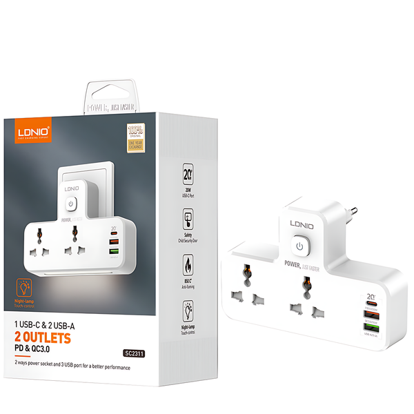 LDNIO 2 AC Power Socket & 3 USB Port with Night Lamp