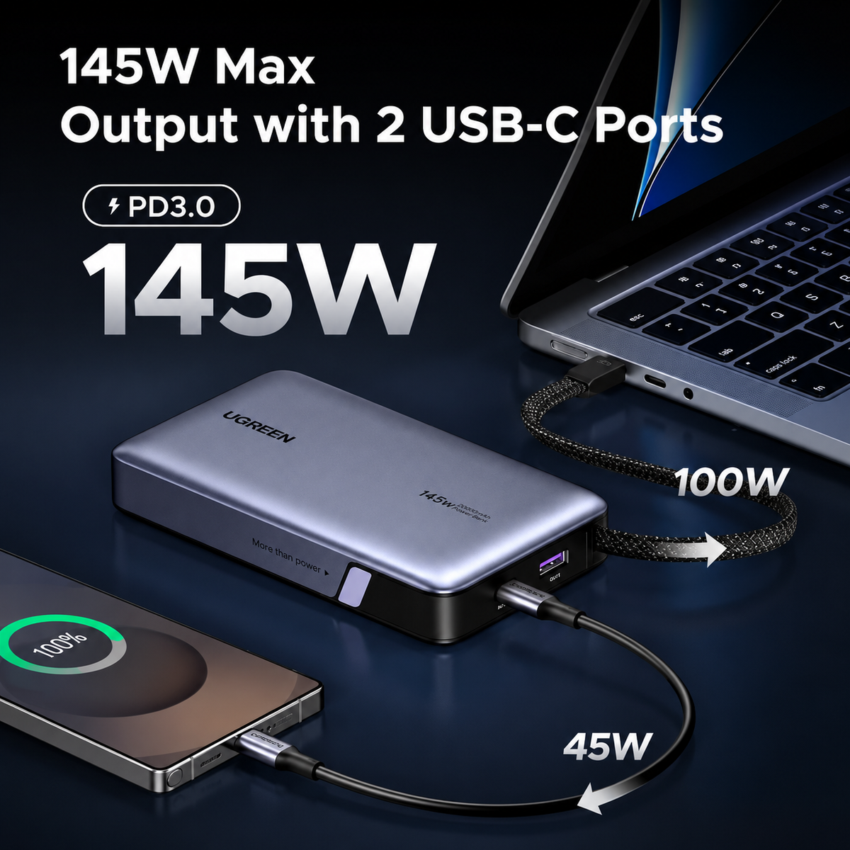 Power Bank UGREEN 145W Power Bank with Built-in USB-C Cable