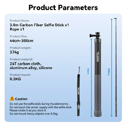 TELESIN 9.8′ Carbon Fiber Selfie Stick GP-MNP-300-3
