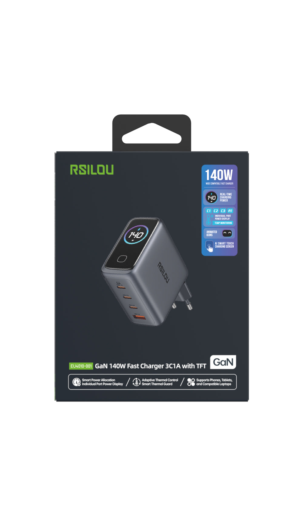 Rsilou EU Charger GaN 140W 1A+3C with smart TFT Grey -EU4010-001