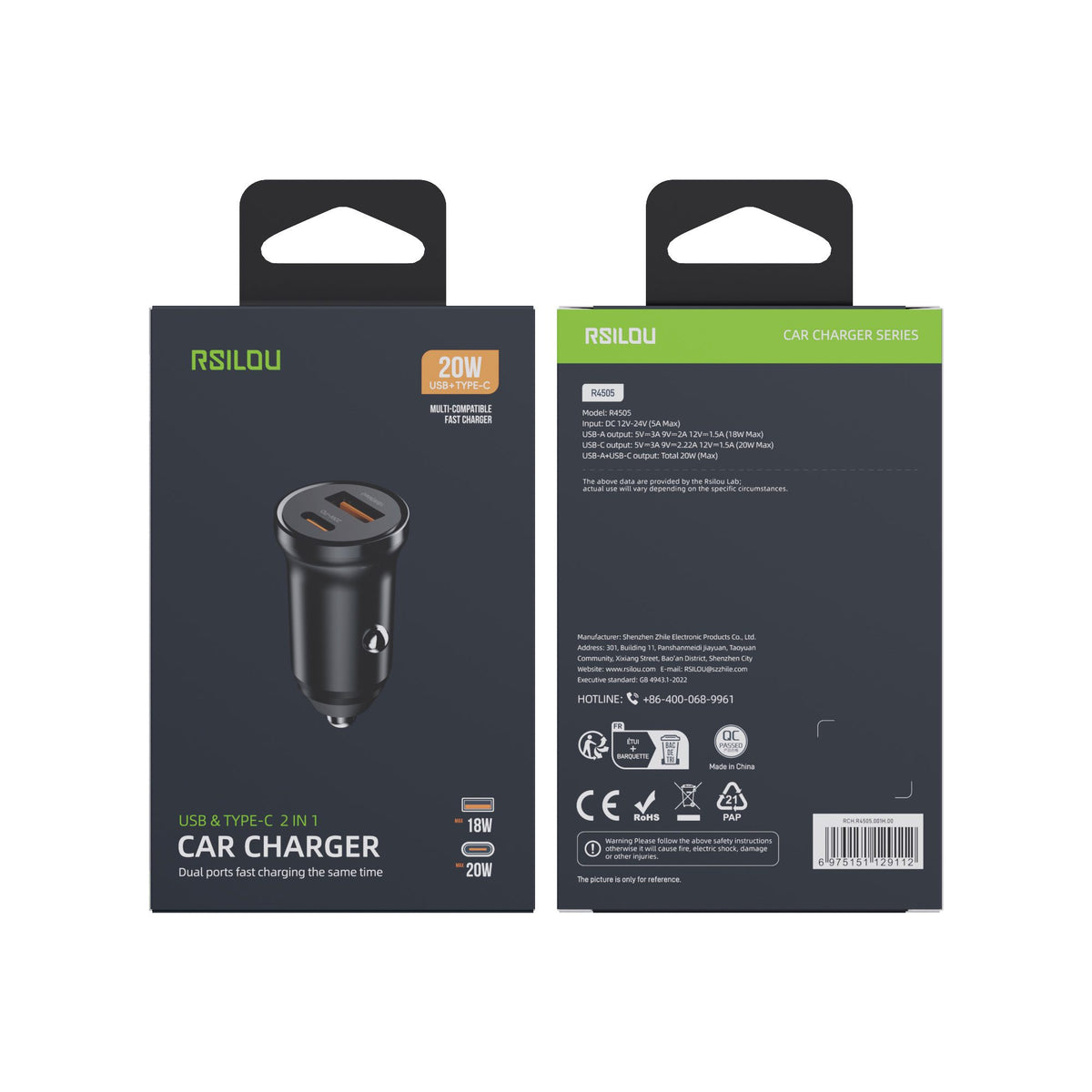 Rsilou 20W USB-Type-C 2 in 1 Car Charger Black -R4505-001
