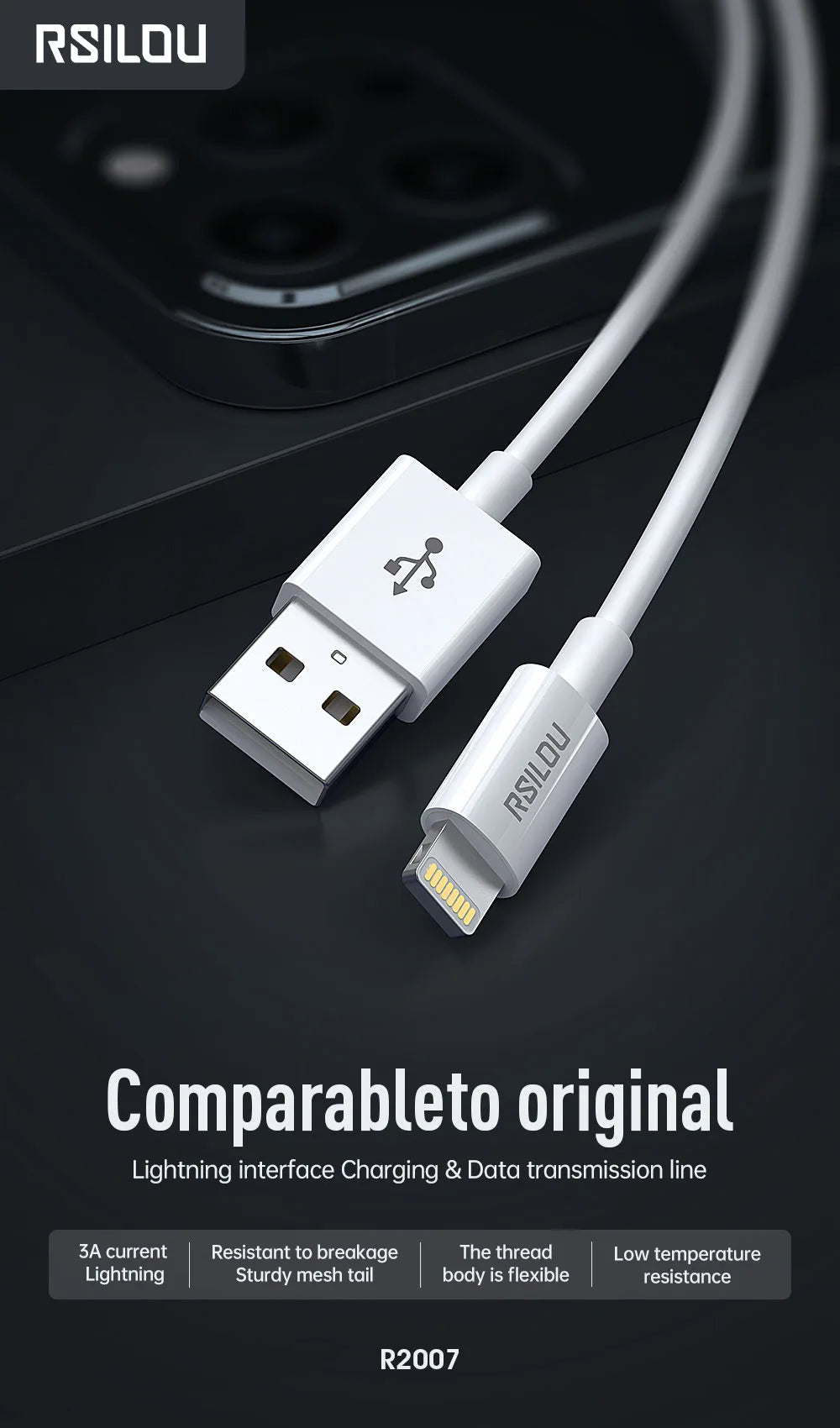 Rsilou 3A A-L 1M Durable Data Cable-White