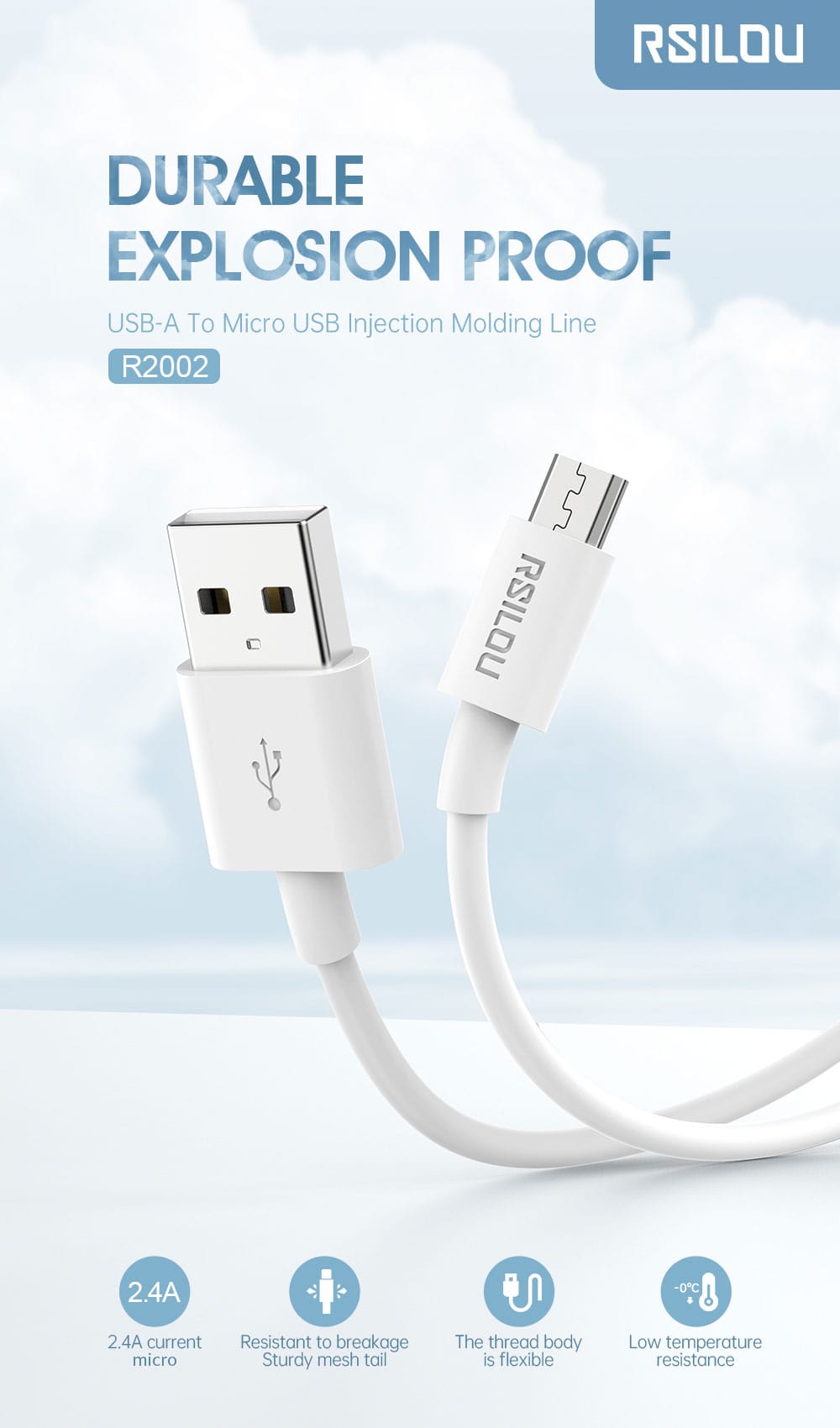 Rsilou USB to Micro 1m 2.4A -White