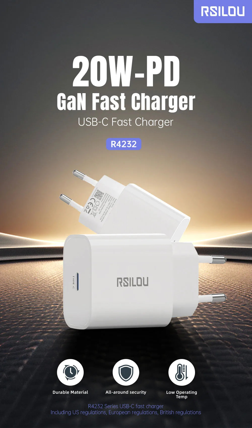RSILOU 20W USB-C Fast Charger-White GAN