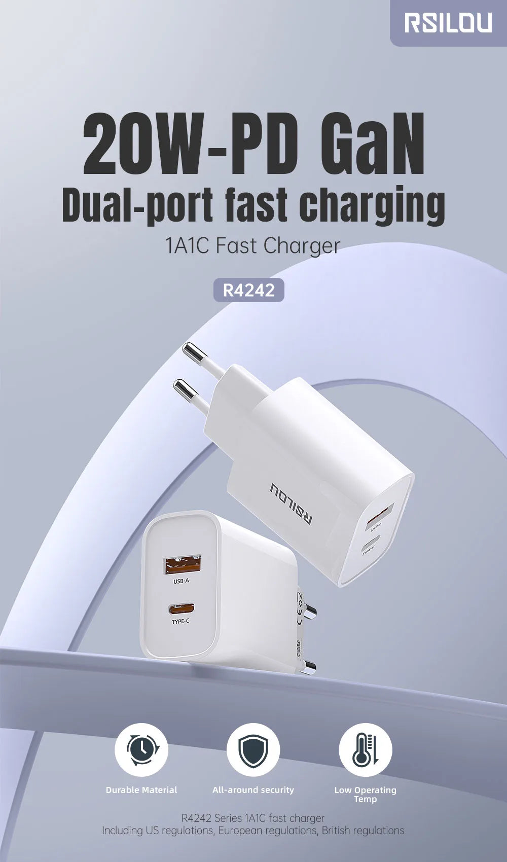 Rsilou 65W 1A2C Fast Charger-White GAN