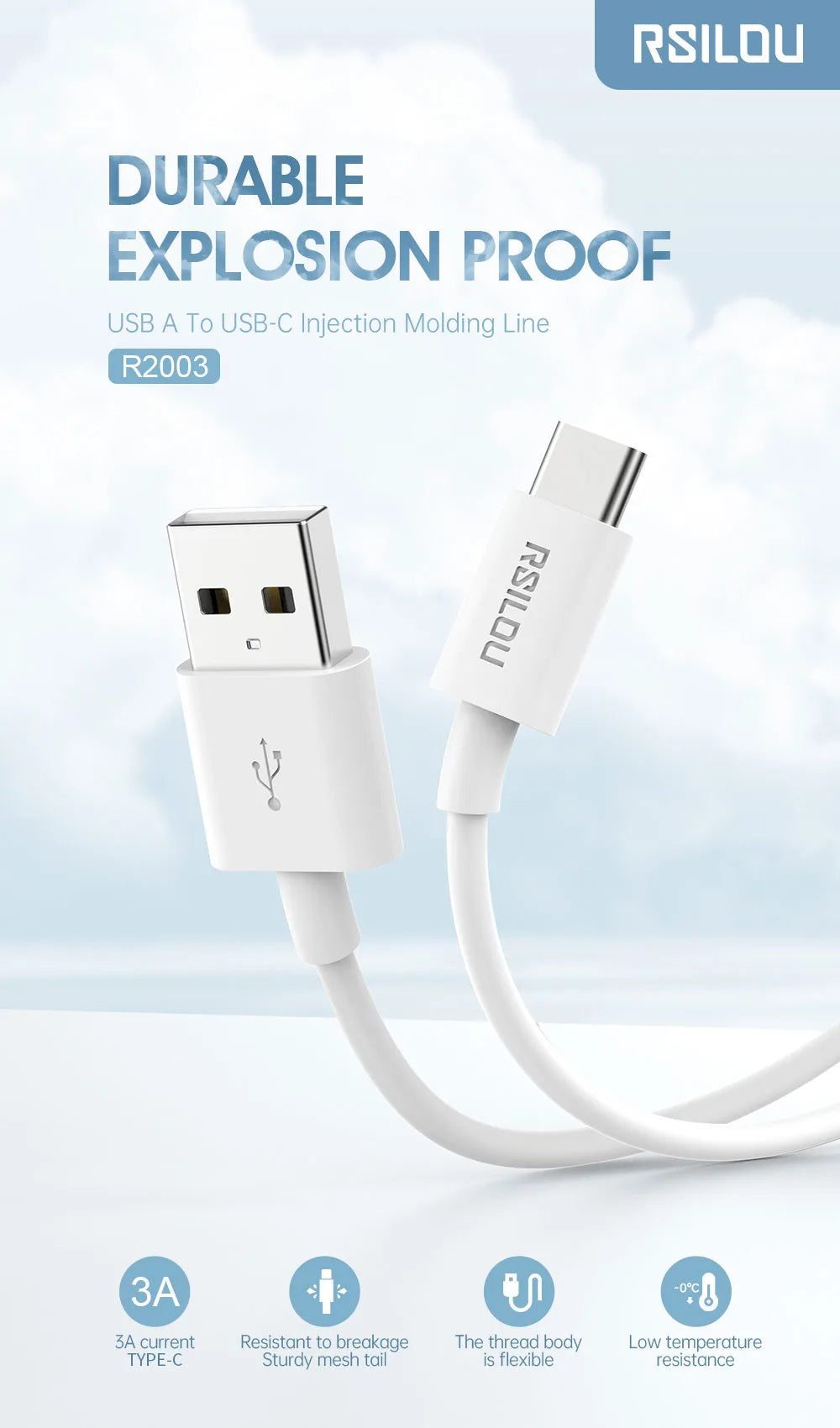 Rsilou 6A A-C 1M Durable Compatible with Fast Charging Data Cable-White 120W